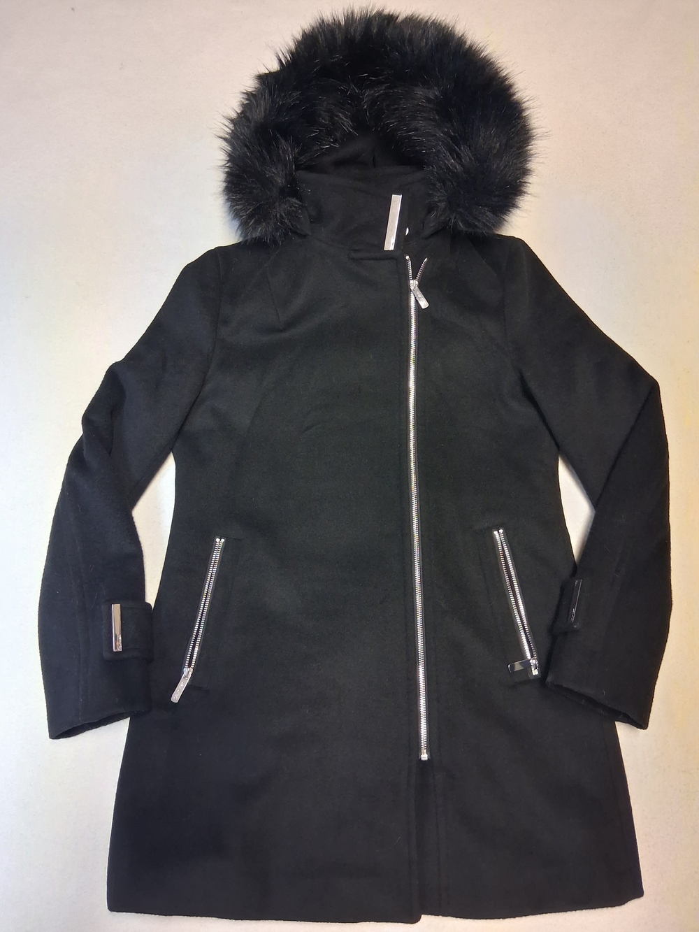 Calvin Klein Black Hooded Trench Coat with Faux Fur Trim